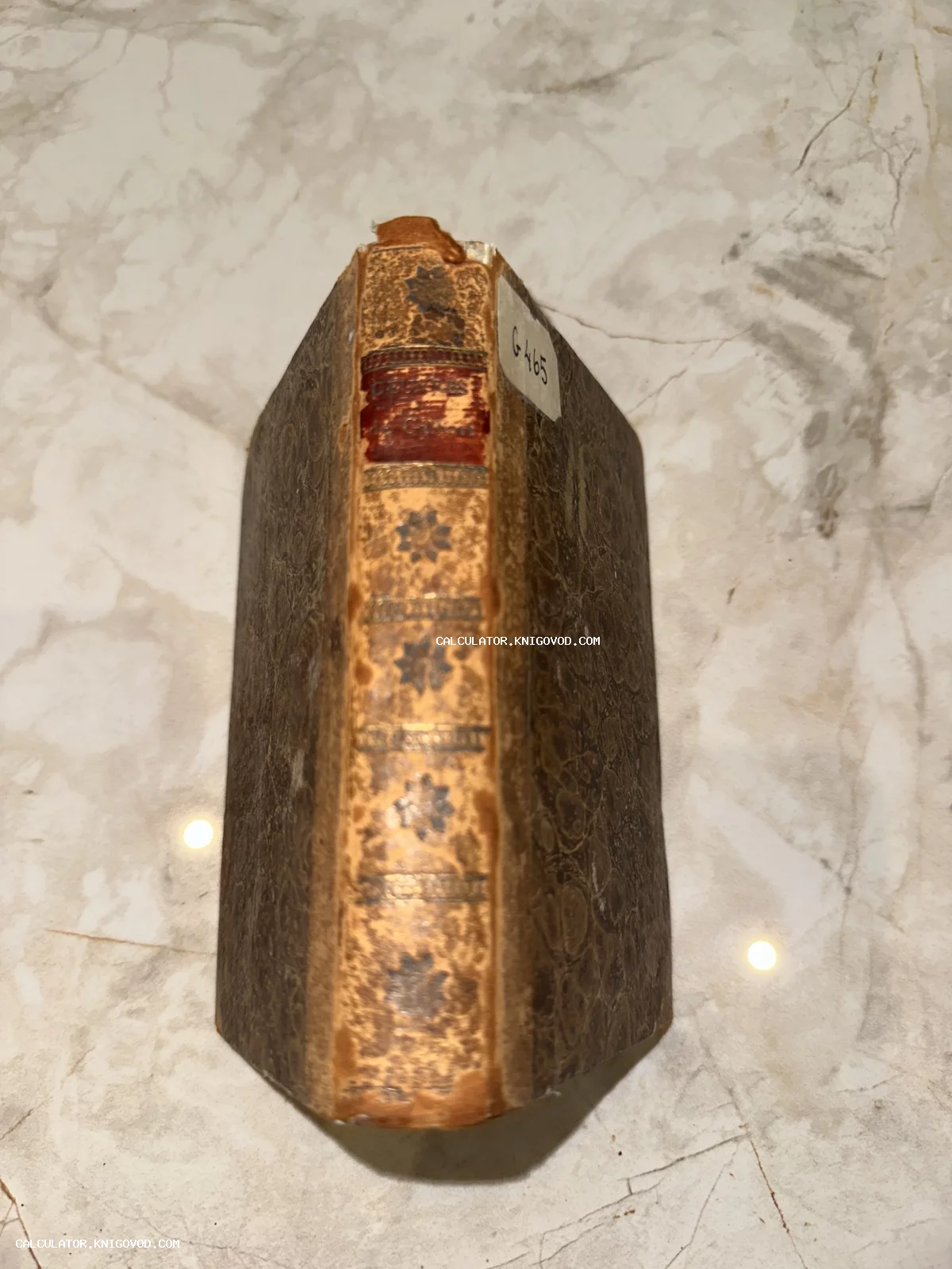 Корешок старинной антикварной книги с золотым орнаментом и красной кожаной вставкой на мраморной поверхности