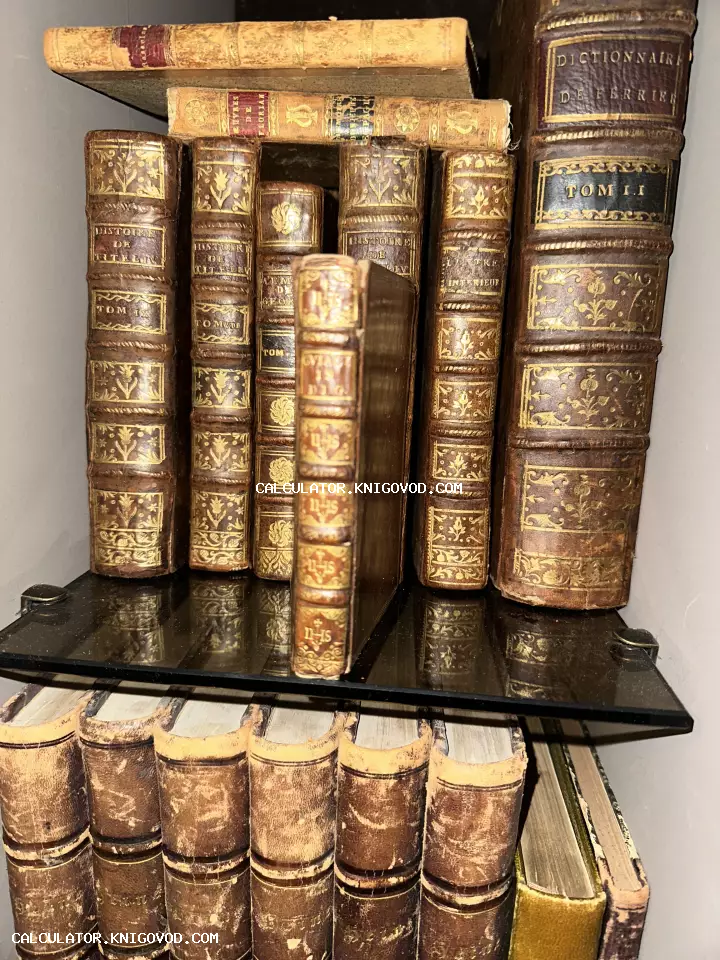 Ряд старинных книг с массивными кожаными корешками и богатым золотым тиснением на стеклянной полке.