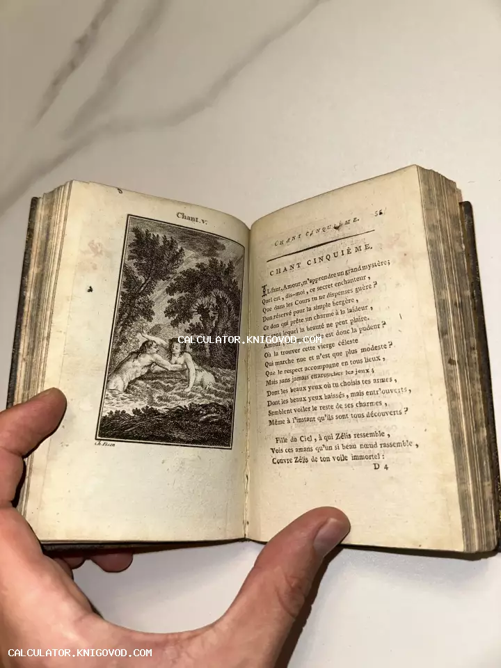 Разворот антикварной книги на французском языке с художественной гравюрой XVIII века, изображающей мужчину и женщину в лесу.