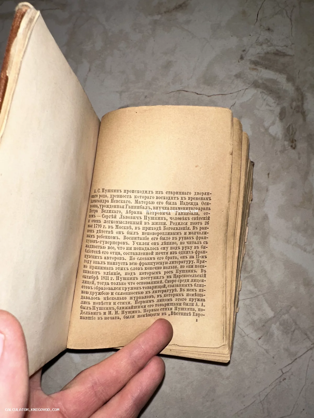 Разворот старинной книги с текстом на дореволюционном русском языке о биографии Александра Сергеевича Пушкина.