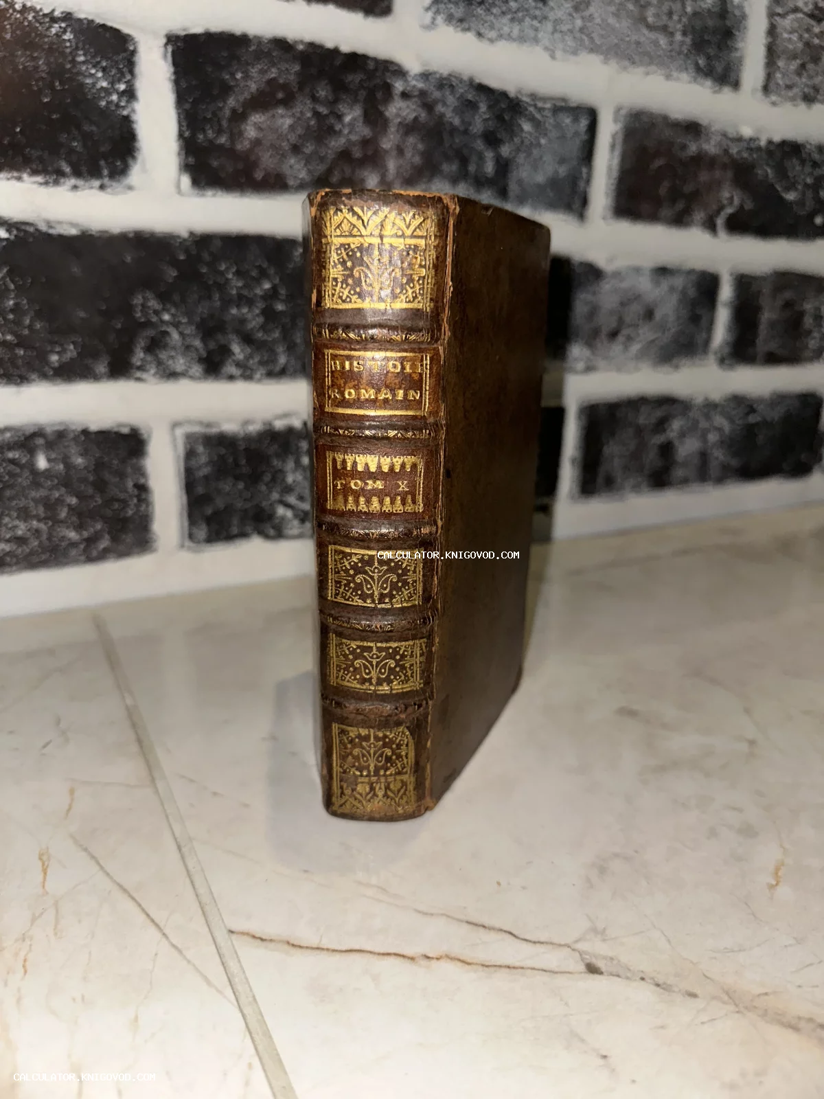 Корешок старинной книги с золотым тиснением и французским заголовком Histoire Romaine, Tom X.