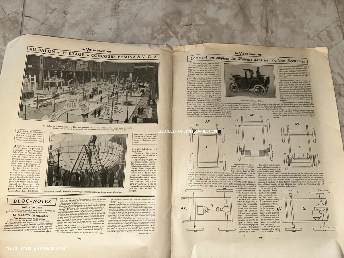 Разворот старинного французского журнала со снимками павильонов Парижского автосалона и техническими чертежами электромобилей.