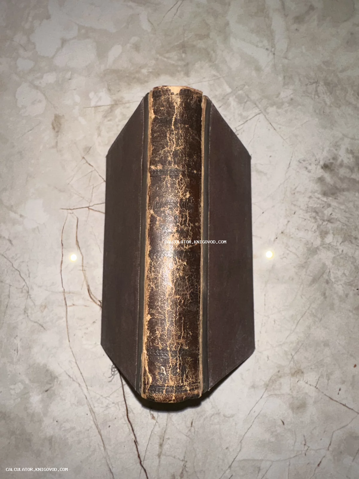 Потертый кожаный корешок антикварной книги с трещинами и следами позолоты на светлом мраморном фоне.