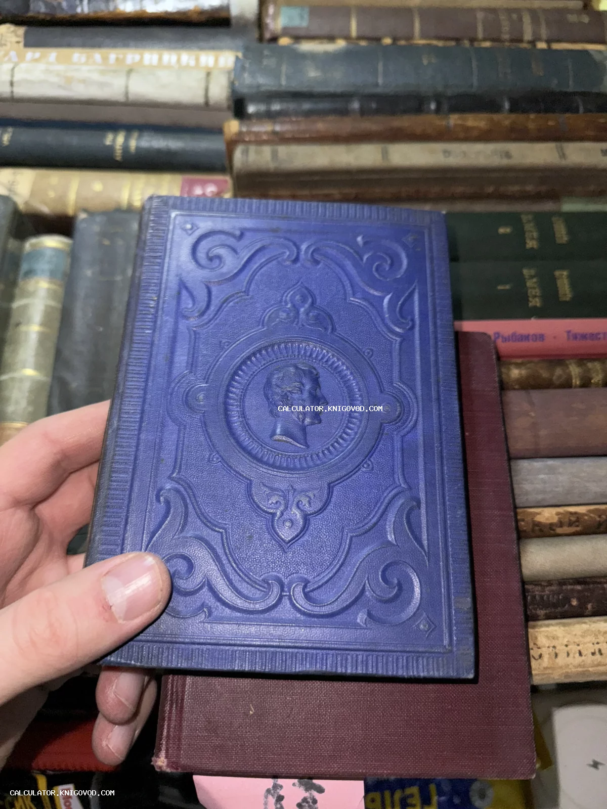 Старинная книга синего цвета с рельефным профилем А.С. Пушкина в центре обложки, удерживаемая рукой на фоне книжных полок.