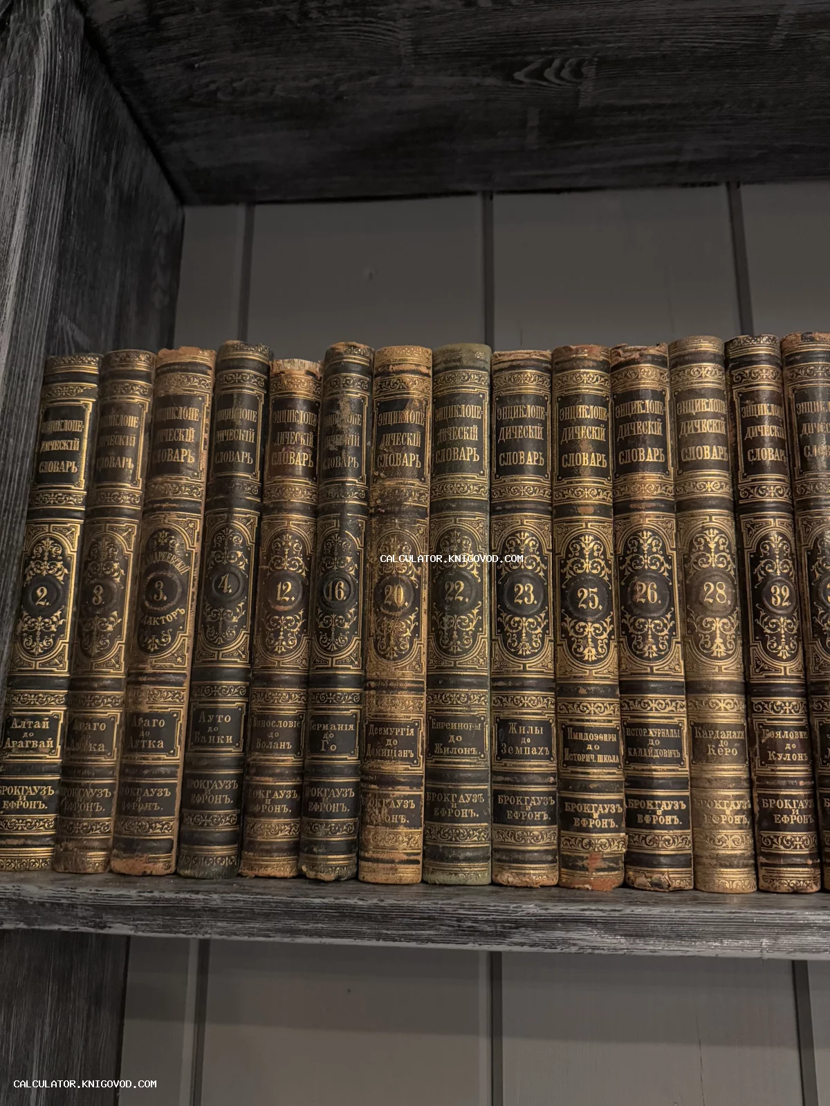 Ряд старинных книг с темными корешками и золотым тиснением на деревянной полке. На корешках видна надпись Энциклопедический словарь Брокгауза и Ефрона.