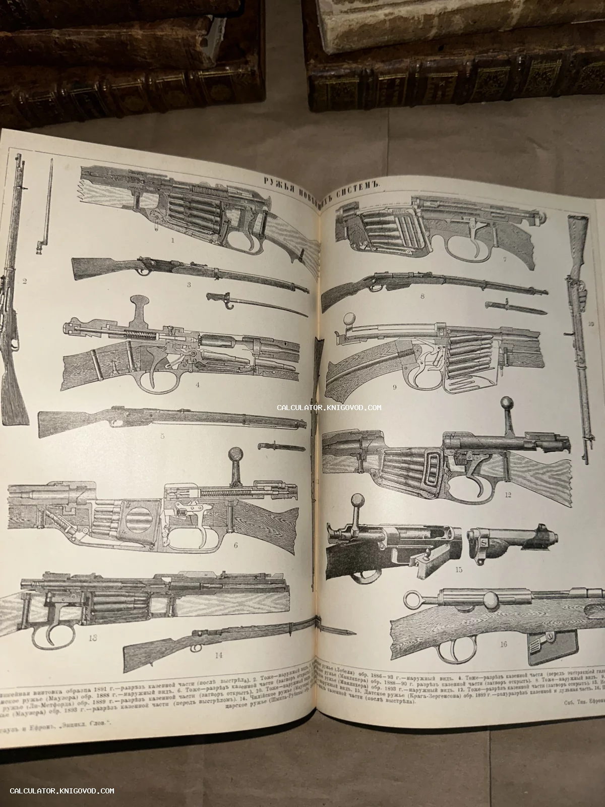 Разворот старинной книги с техническими чертежами и схемами устройства винтовок в разрезе.