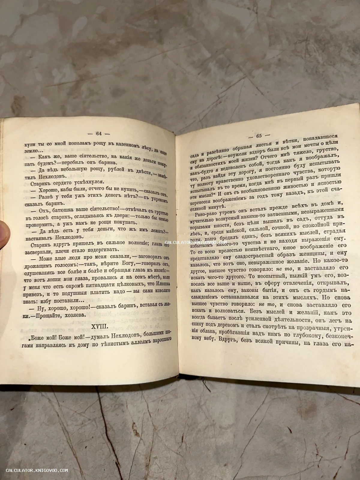 Открытая старинная книга на страницах 64 и 65 с текстом на дореволюционном русском языке.