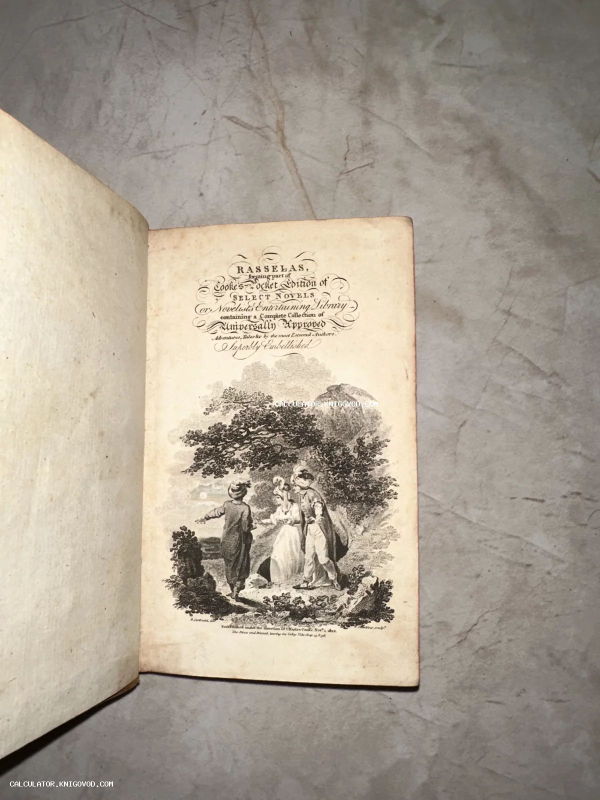 Разворот старинной книги с титульным листом и гравюрой, изображающей людей в восточных одеждах в лесу.