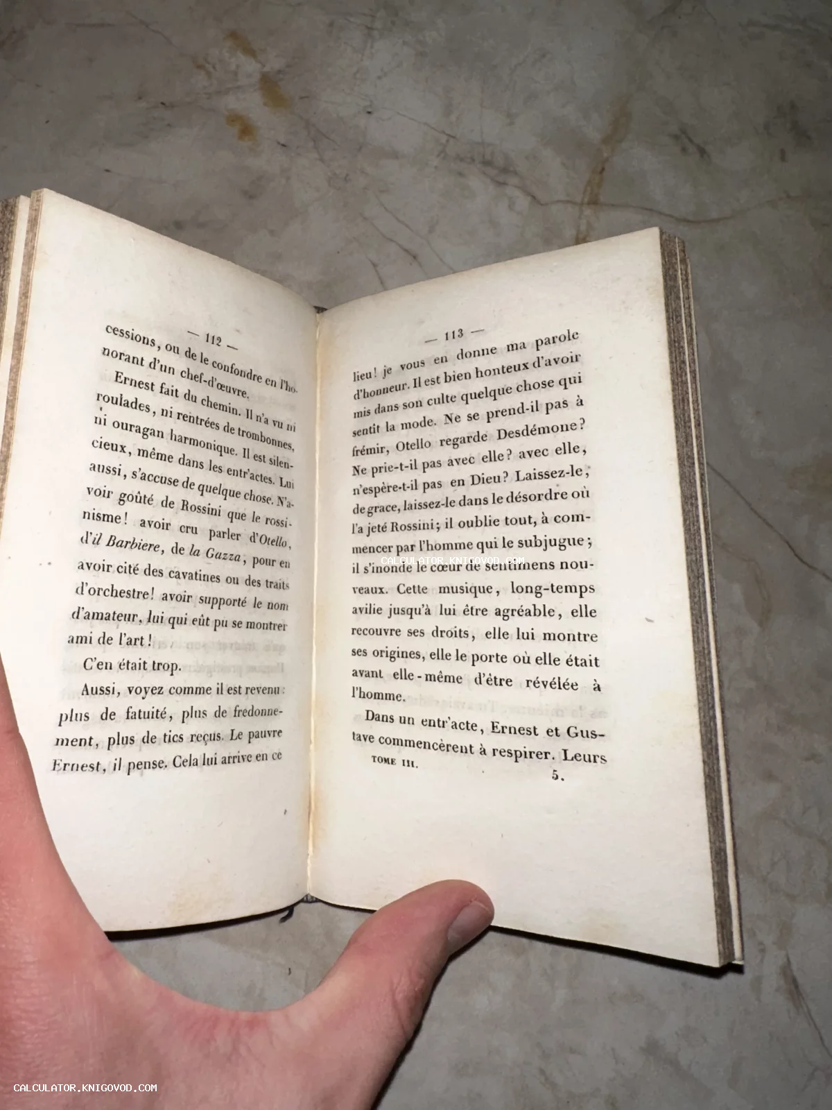 Разворот старинной книги с текстом на французском языке, страницы 112 и 113, упоминание композитора Россини.