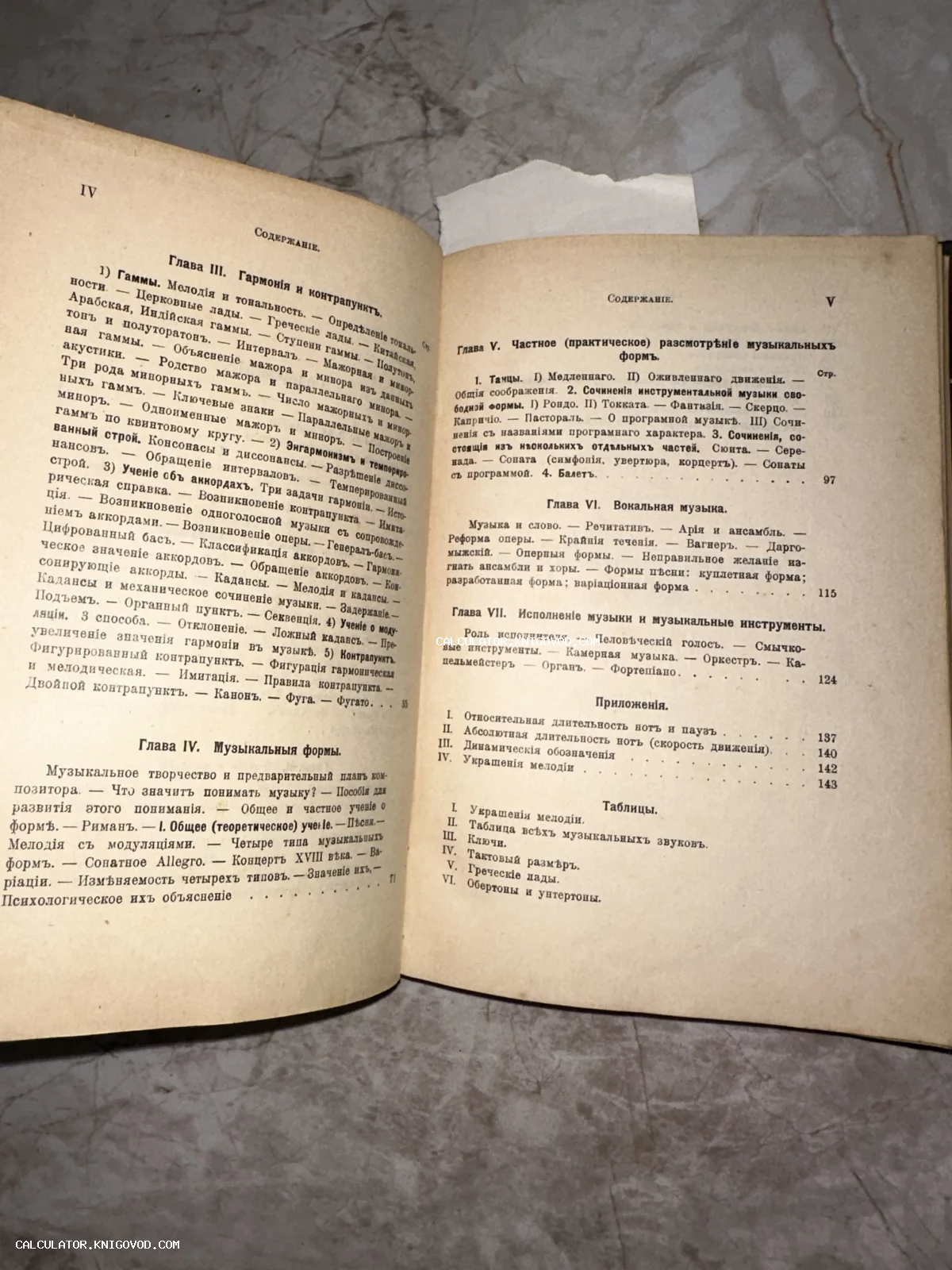 Разворот старинной книги со страницами содержания на дореволюционном русском языке, посвященного музыкальной гармонии и формам.