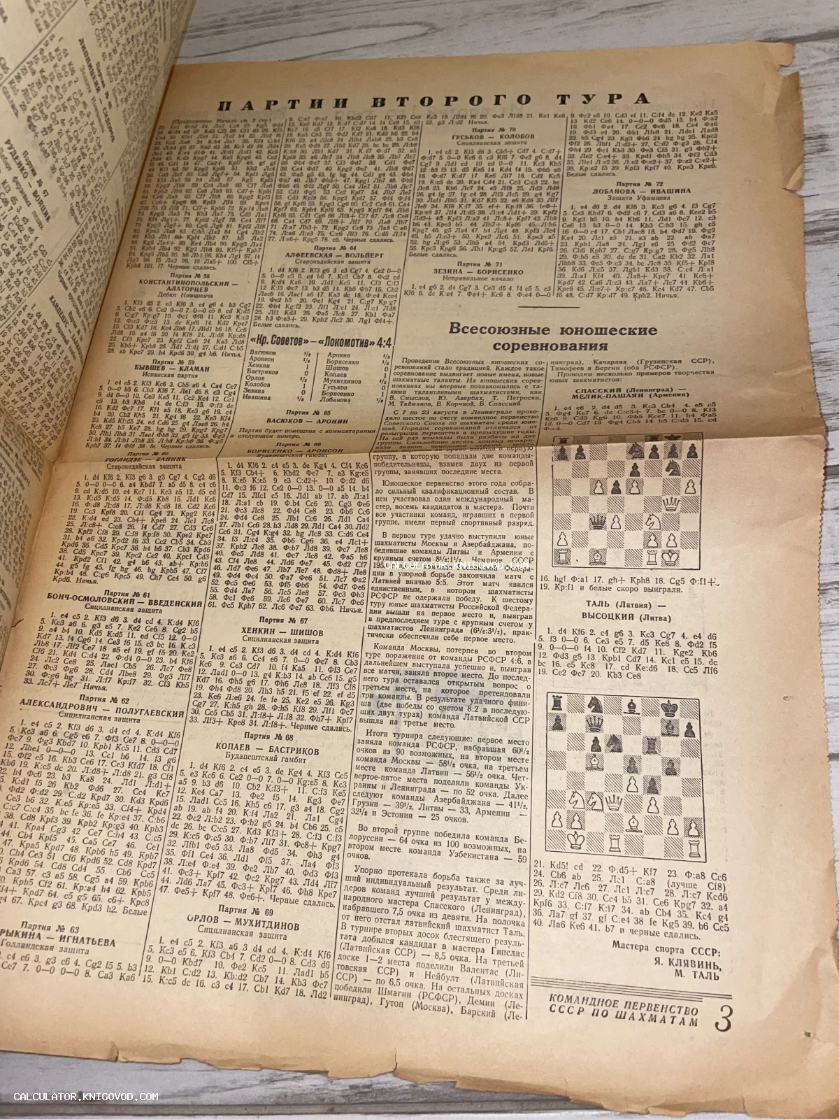 Старая пожелтевшая страница газеты или журнала с шахматными диаграммами, записями партий и заголовком Всесоюзные юношеские соревнования.