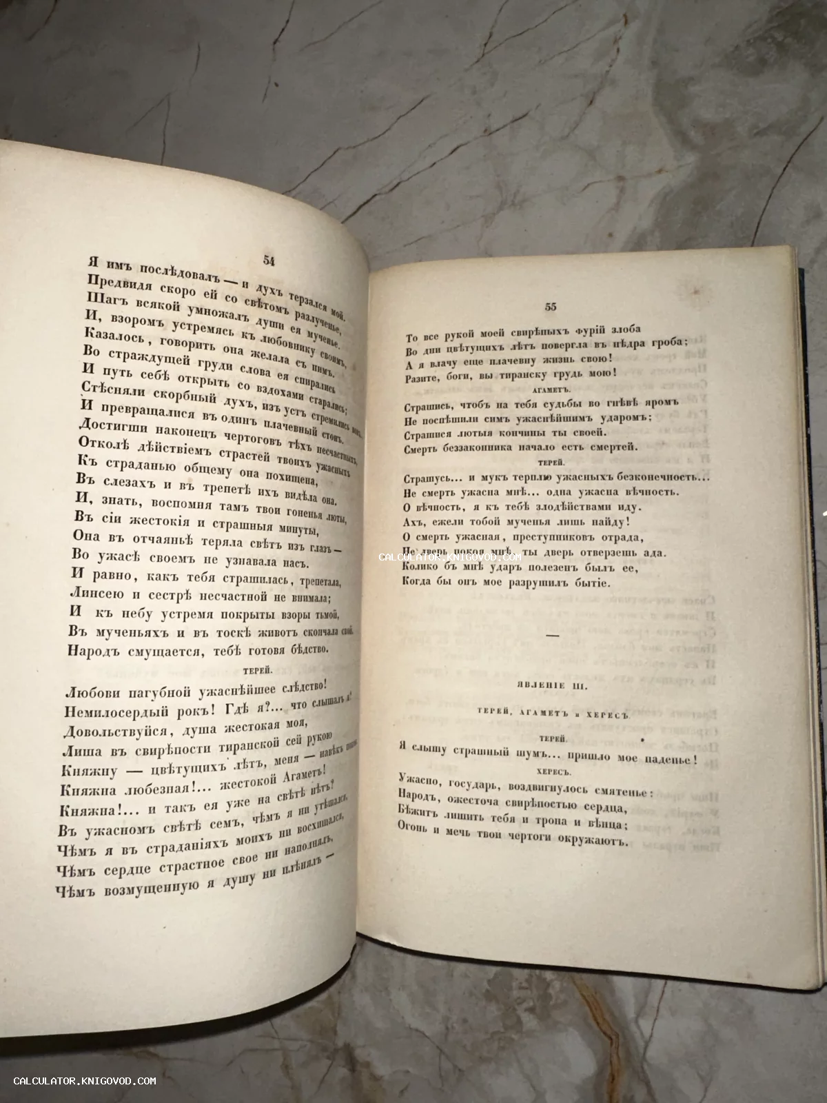 Разворот старинной книги с текстом на русском языке в дореволюционной орфографии, страницы 54 и 55.