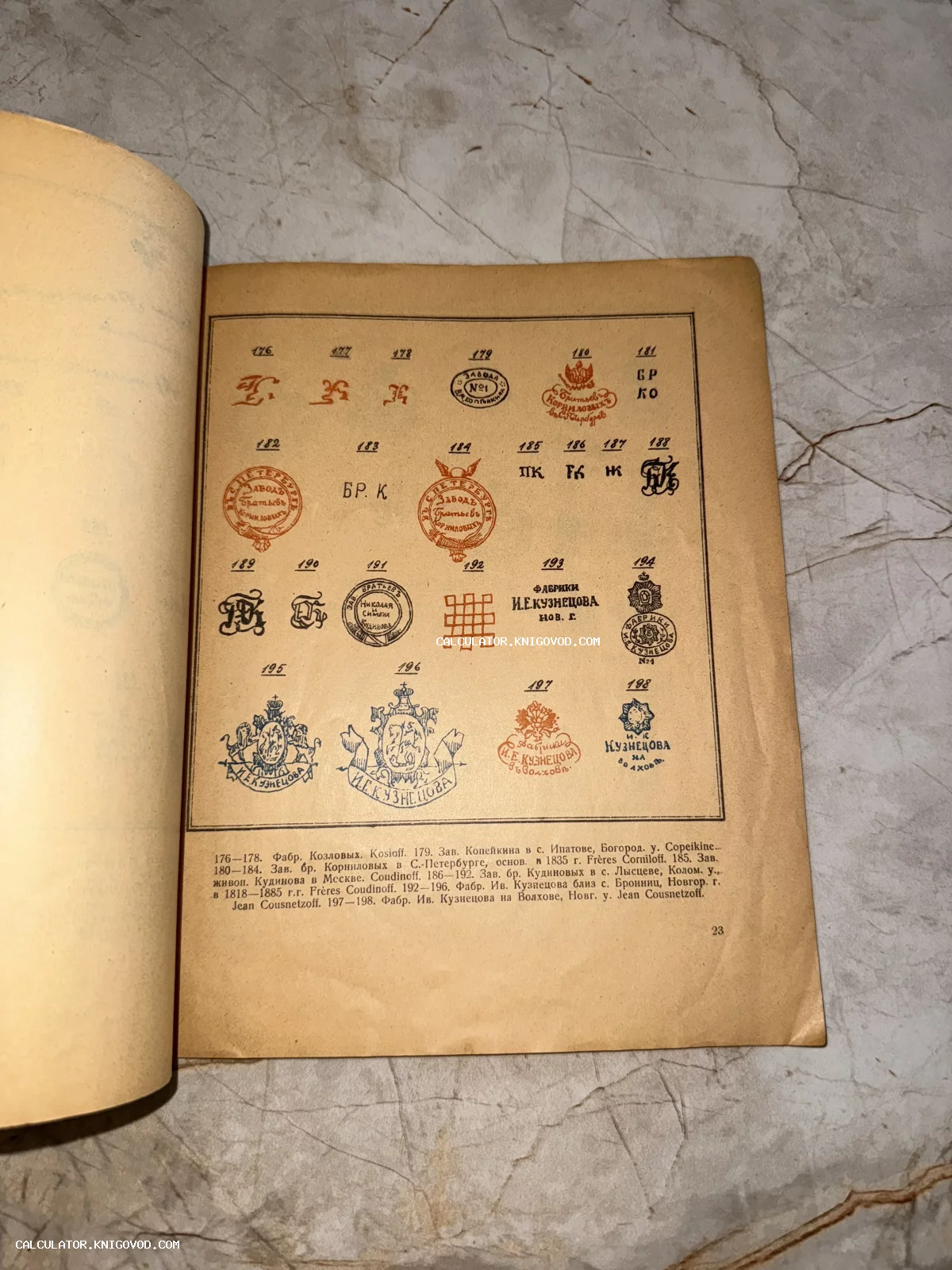 Страница старинной книги с изображениями клейм и печатей мануфактур братьев Корниловых, Кузнецова и других заводов.