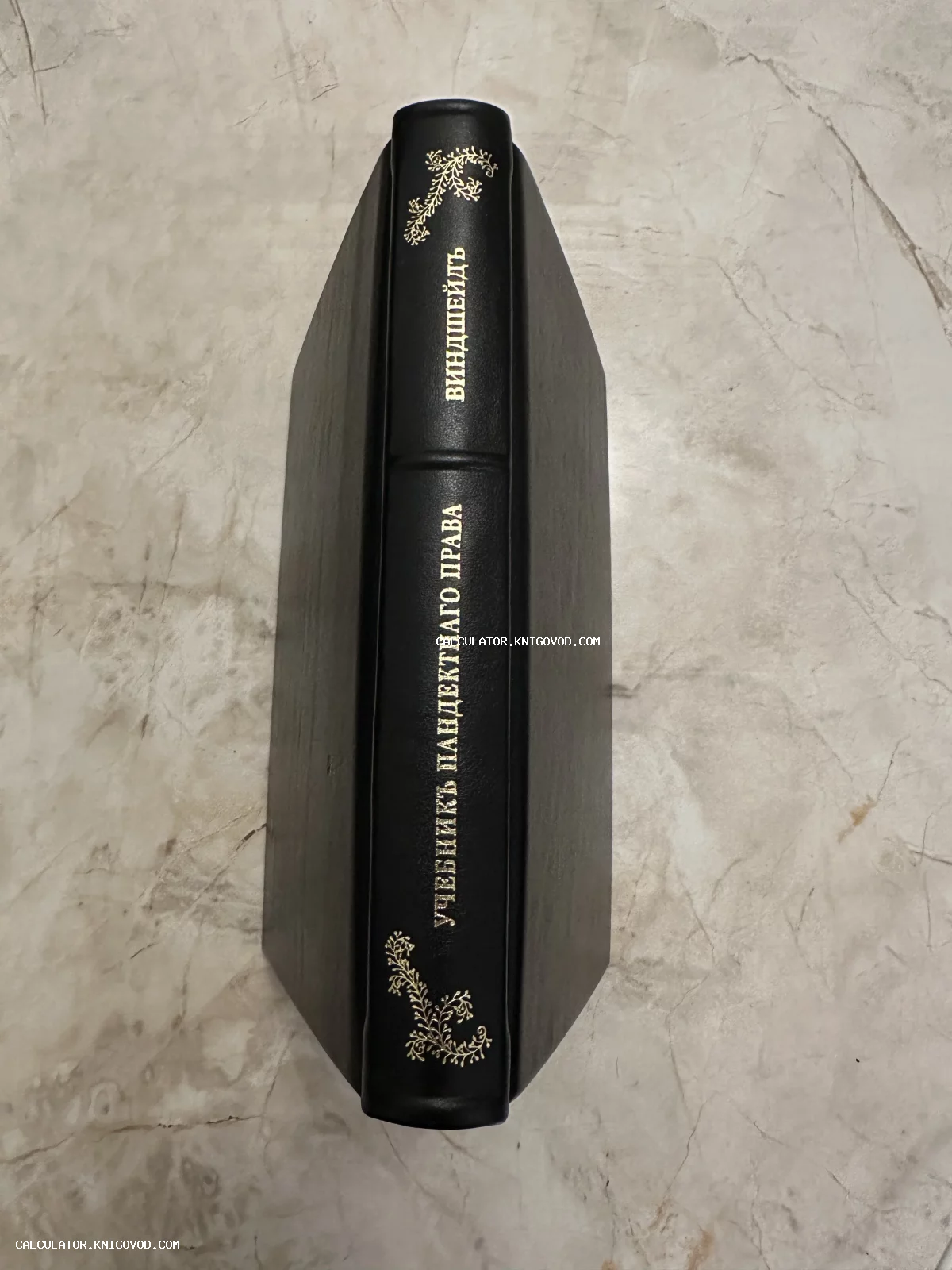 Вид сверху на корешок книги в черном кожаном переплете с золотым тиснением и дореволюционным шрифтом: Учебник пандектного права, Виндшейд.