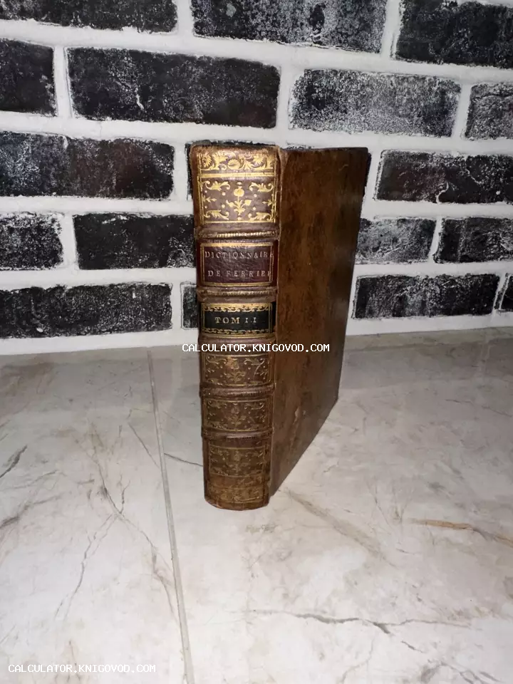 Старинная книга в коричневом кожаном переплете с золотым тиснением на корешке, надпись Dictionnaire de Ferriere.