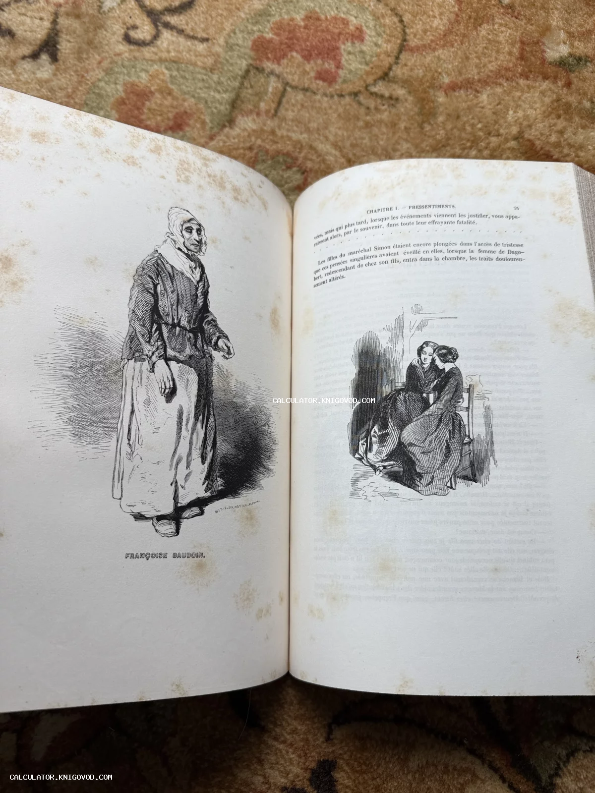 Разворот старинной книги на французском языке с двумя черно-белыми гравюрами и текстом.