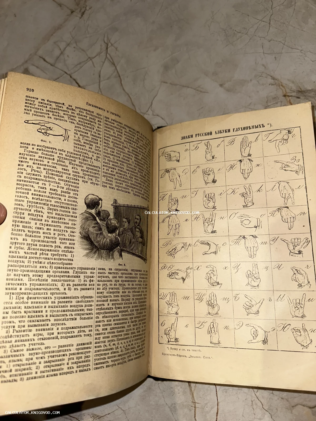 Разворот антикварной книги со статьей о глухонемоте и таблицей знаков русской ручной азбуки.