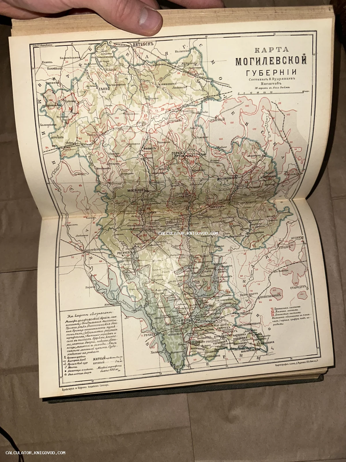 Разворот старинной книги с цветной подробной картой Могилевской губернии из словаря Брокгауза и Ефрона.
