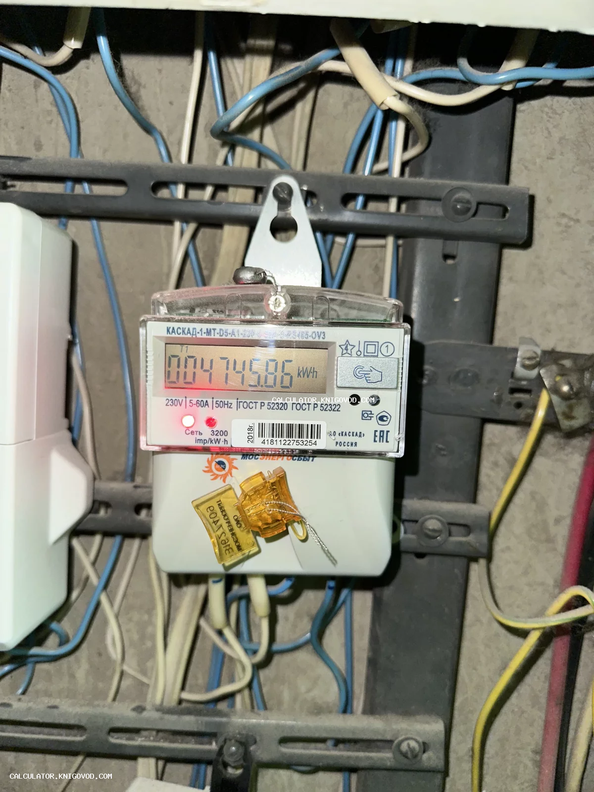 Современный электронный счетчик электроэнергии в распределительном щите с синими и белыми проводами и пластиковыми пломбами.