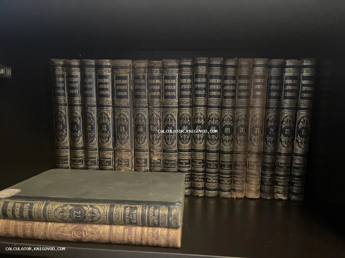 Ряд антикварных книг энциклопедии Брокгауза и Ефрона с золотым тиснением и орнаментом на темных корешках, расположенных на полке.