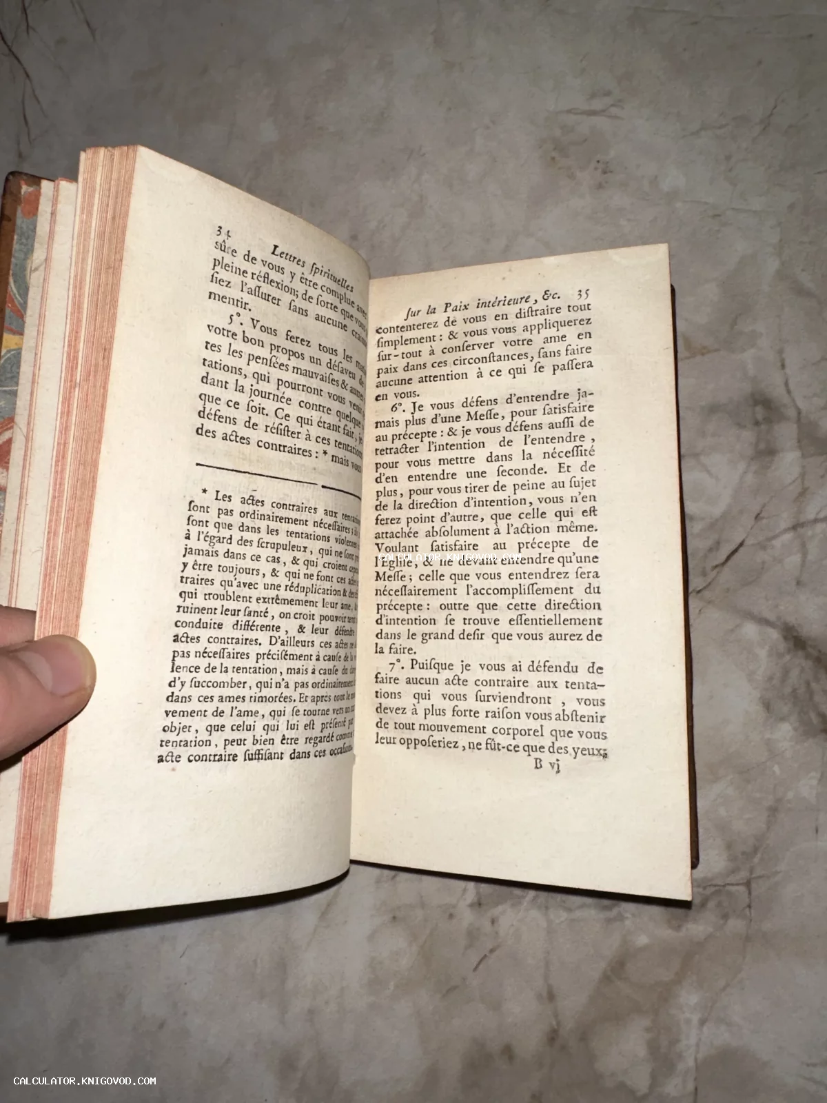 Разворот старинной книги с текстом на французском языке, страницы 34 и 35 с заголовком Lettres spirituelles