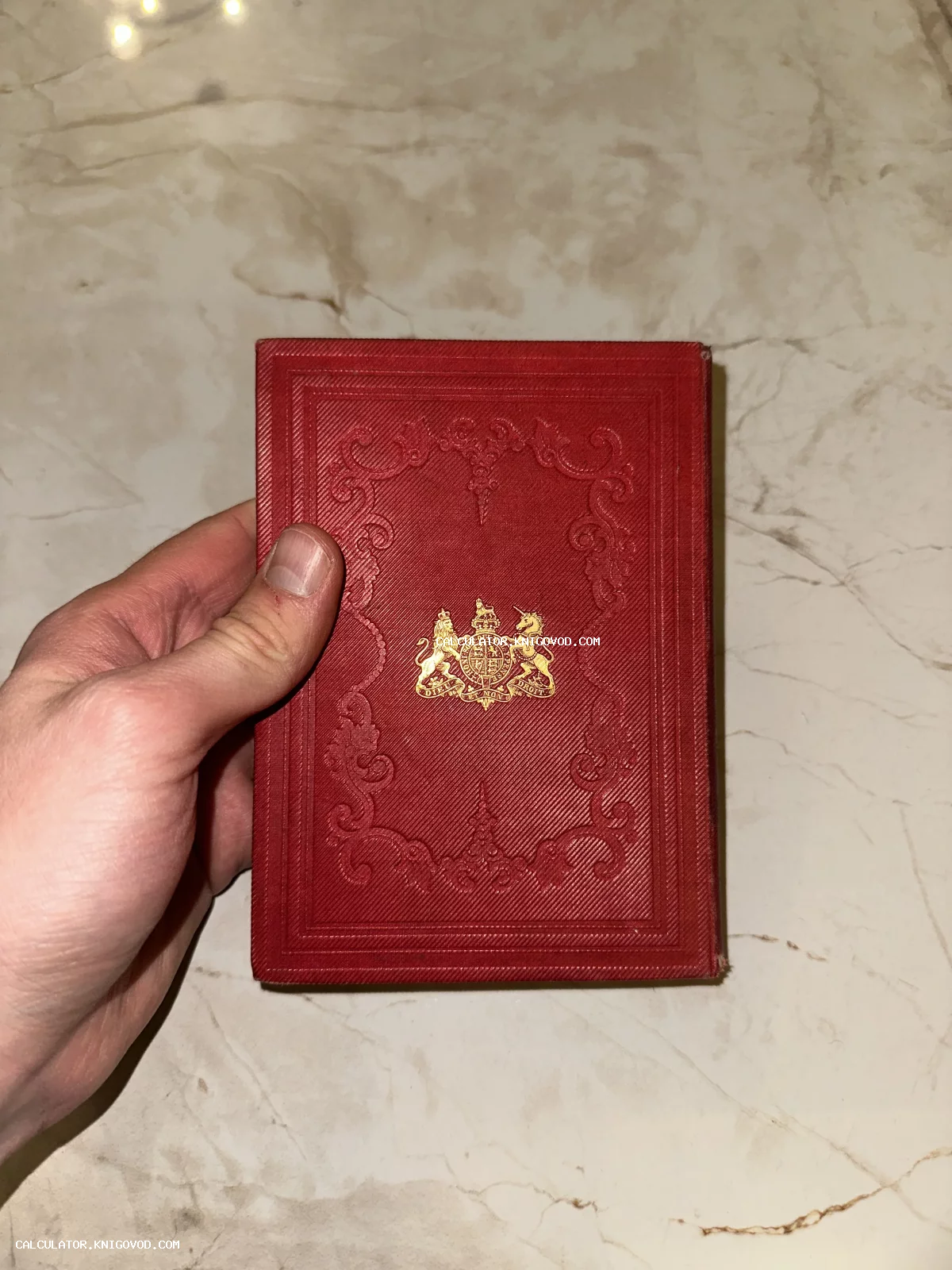 Старинная карманная книга в красном кожаном переплете с золотым тиснением герба Великобритании в руке человека.