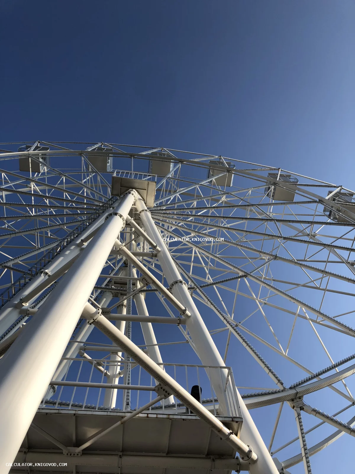 Белая металлическая конструкция колеса обозрения на фоне чистого синего неба, вид снизу вверх.