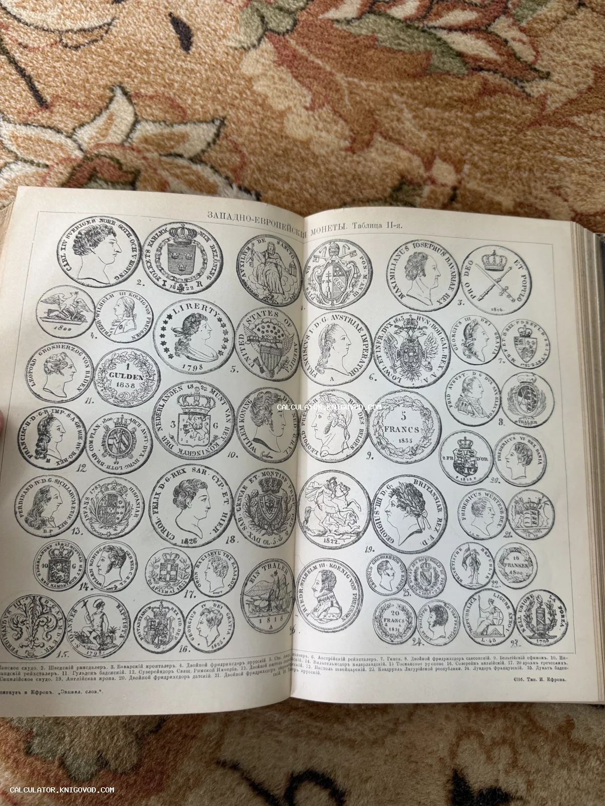 Разворот старинной книги с гравированной таблицей западноевропейских монет различных государств.