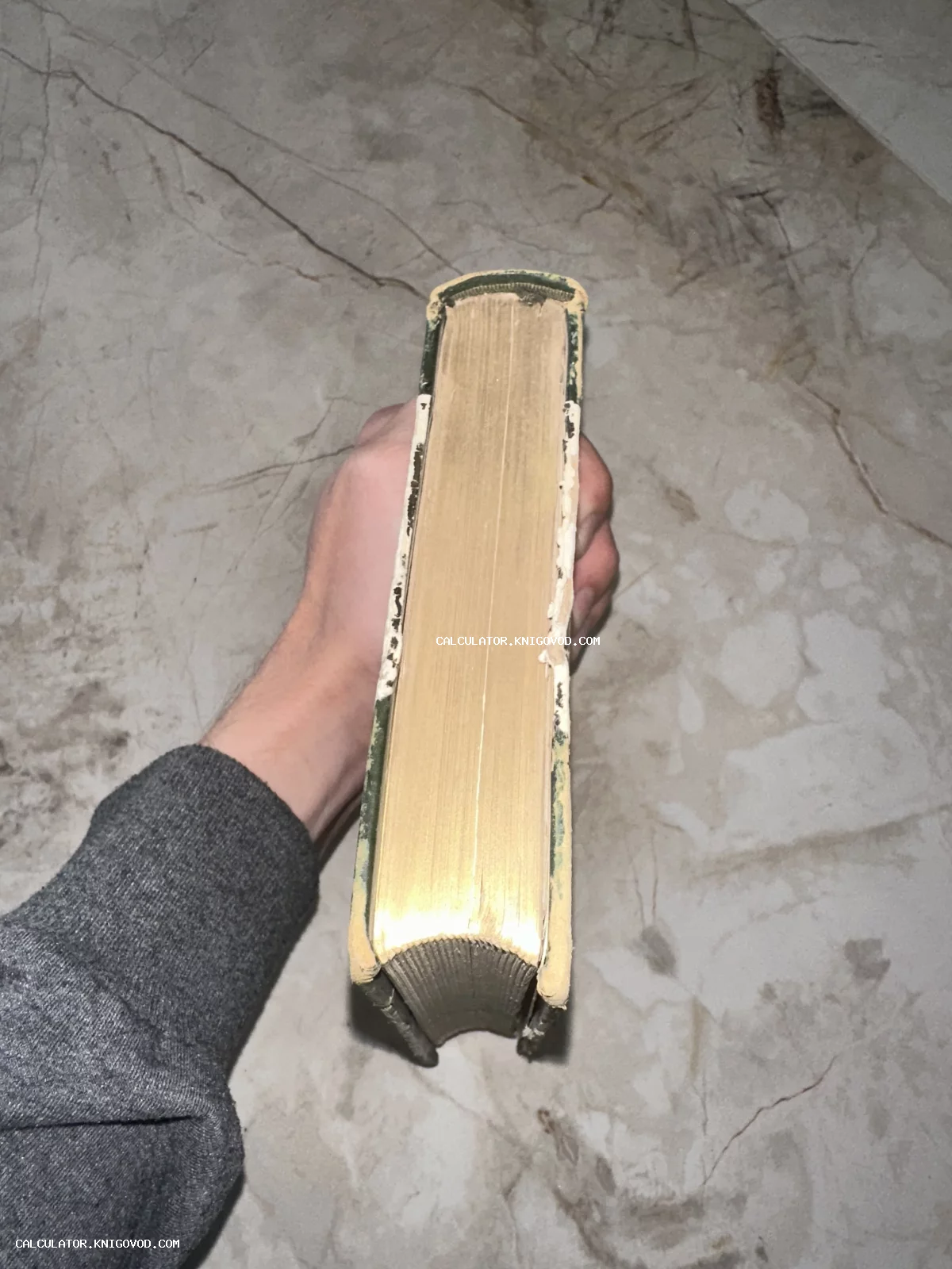 Вид сверху на массивный книжный блок с позолоченным обрезом страниц в старинном переплете.