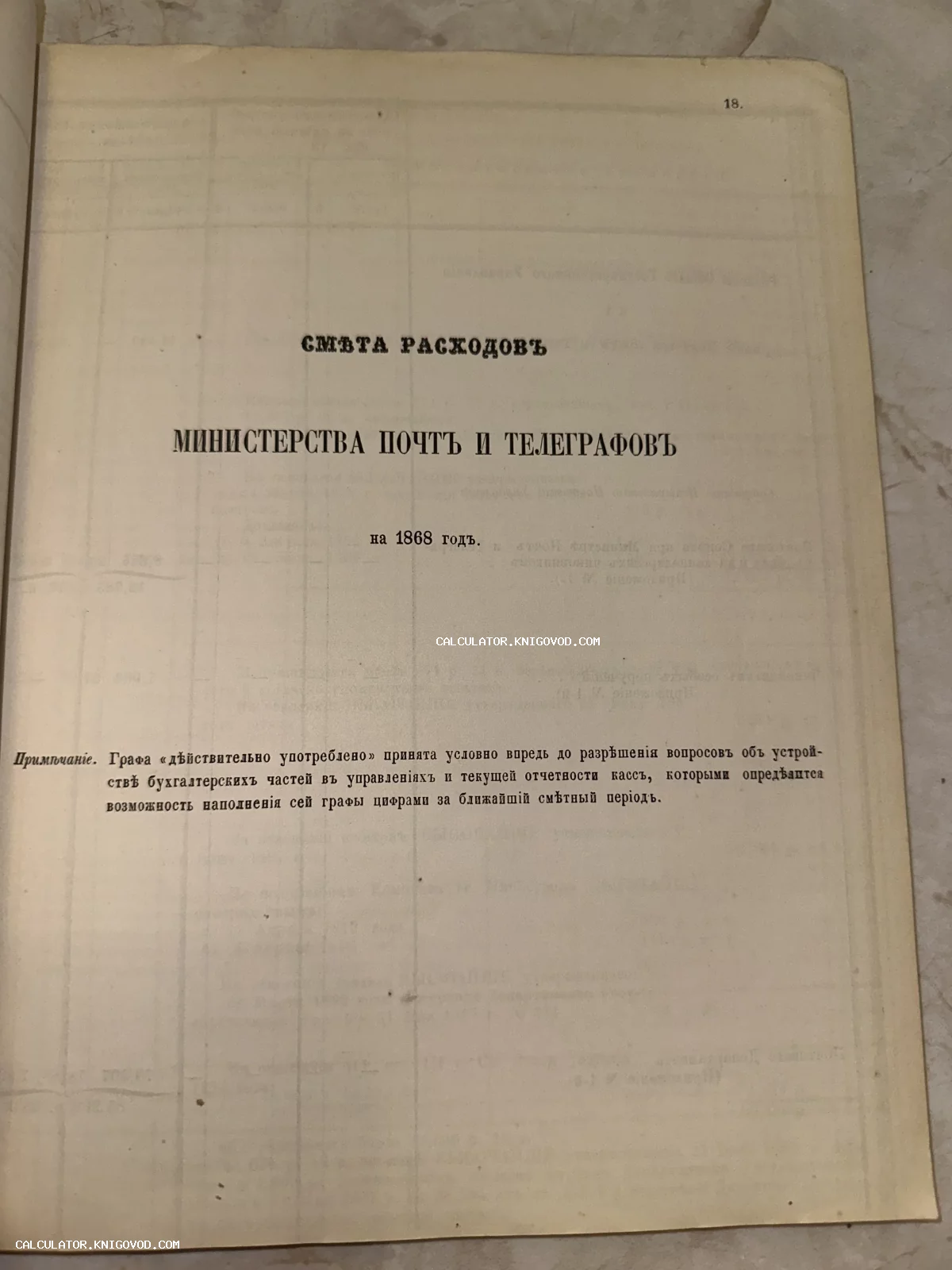 Титульный лист старинного документа 1868 года со сметой расходов Министерства почт и телеграфов Российской империи.