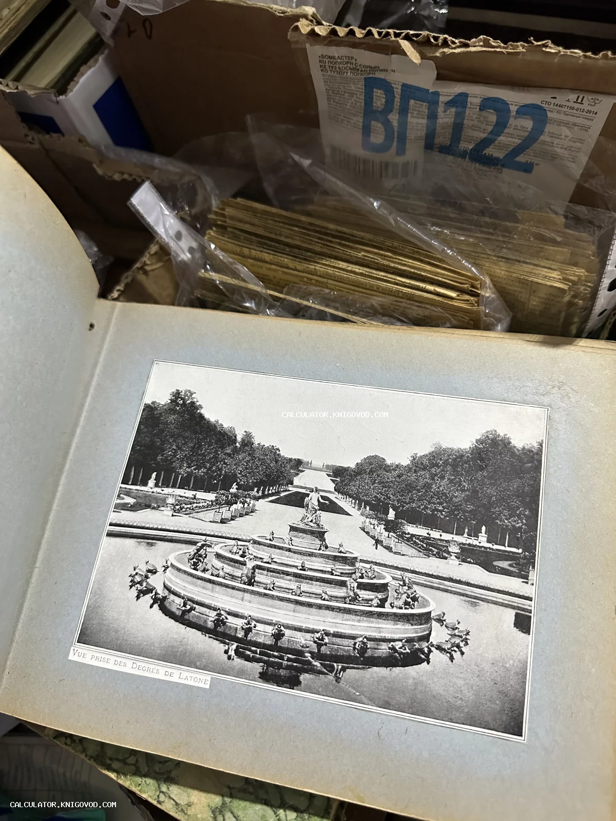 Черно-белая архивная фотография фонтана Латоны и парковых аллей Версаля, вклеенная в альбомную страницу.