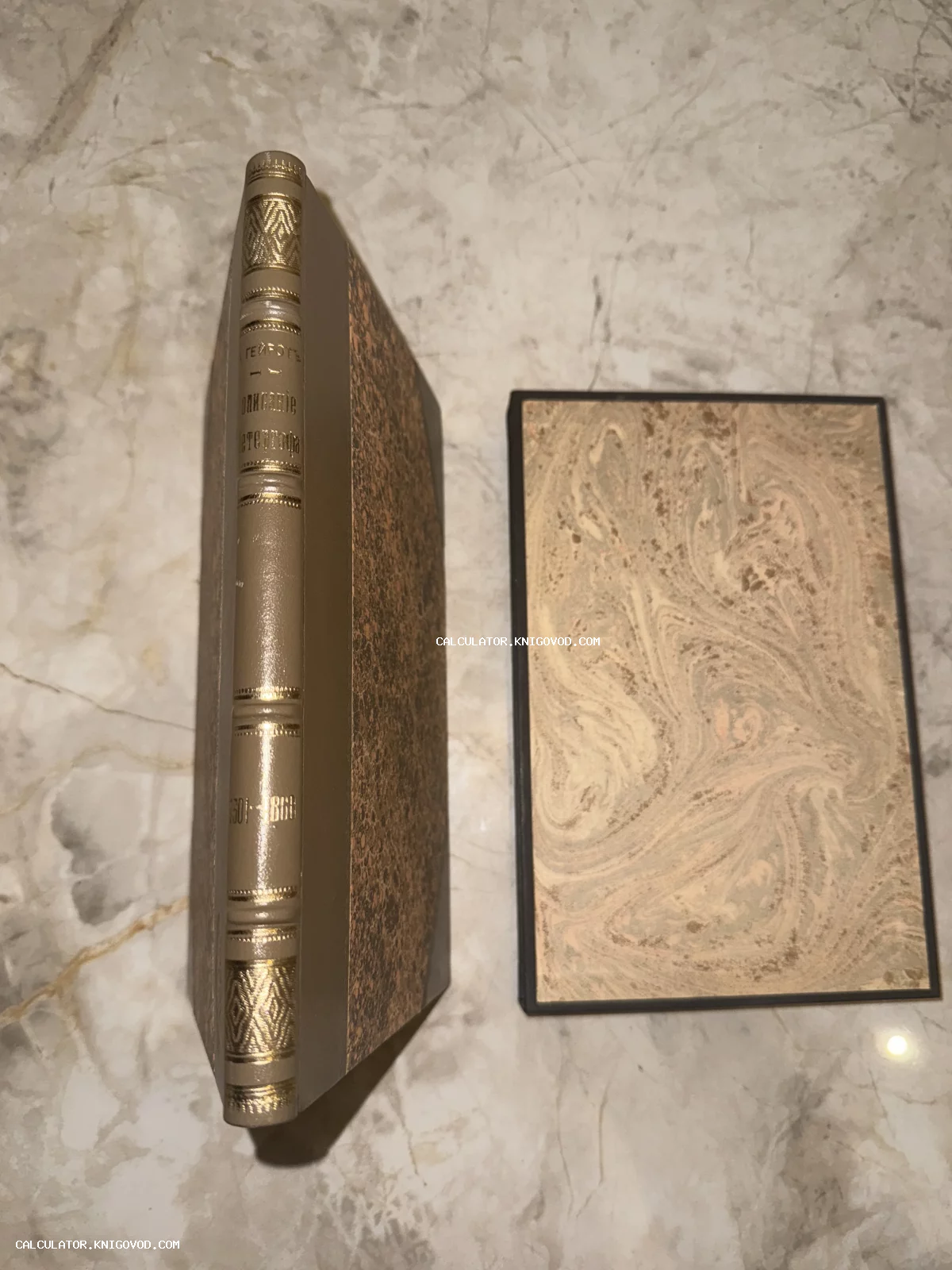 Корешок антикварной книги А. Гейрота «Описание Петергофа» с золотым тиснением и обложка с мраморным узором на мраморном фоне.