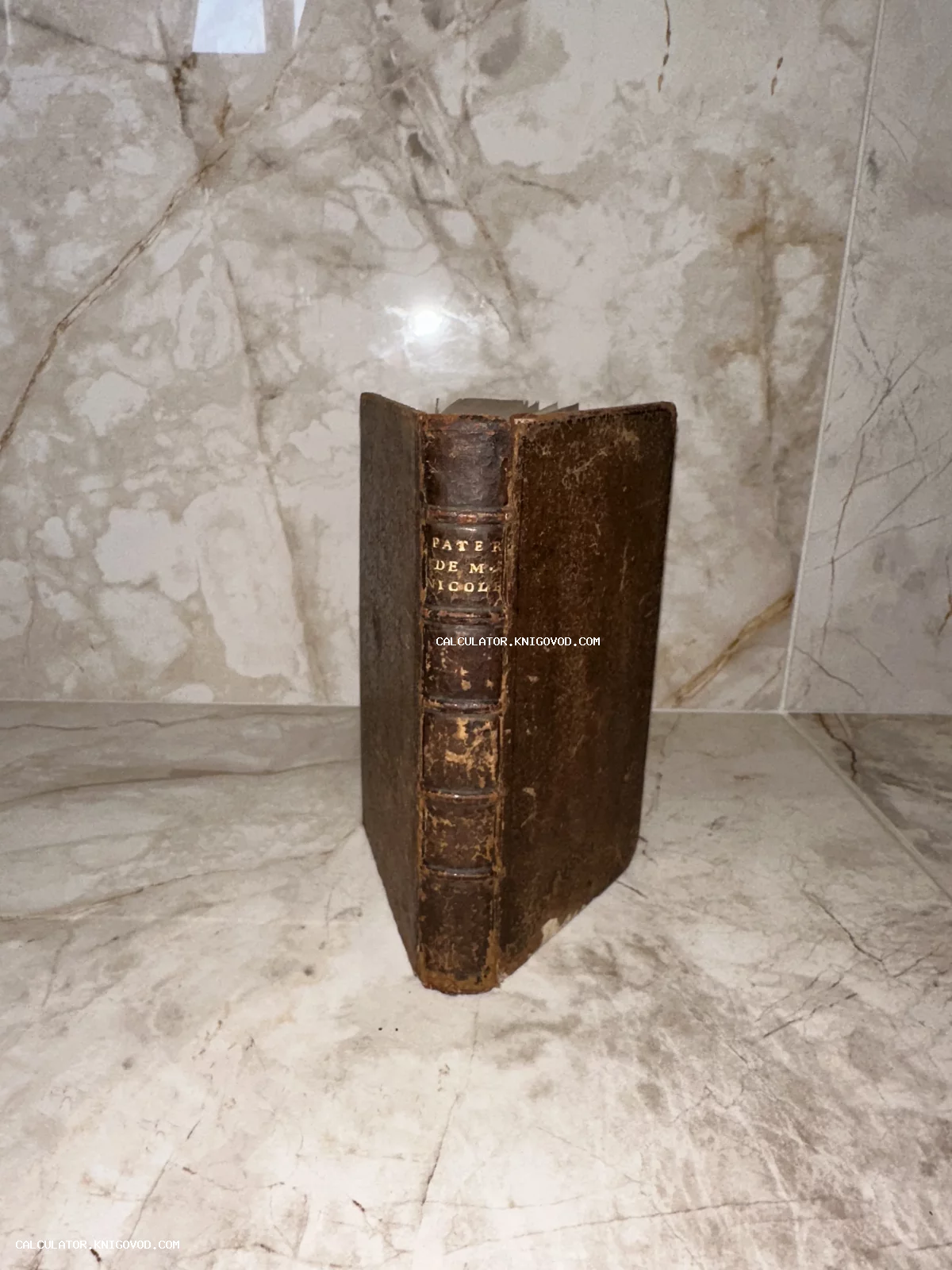 Старинная книга в коричневом кожаном переплете с золотым тиснением на корешке PATER DE M. NICOLE на мраморном фоне.