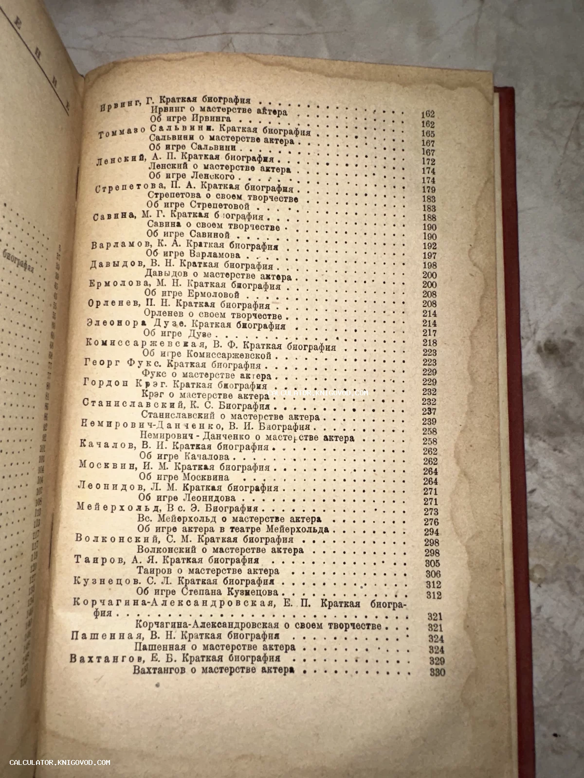 Страница старинной книги с оглавлением, содержащим список биографий знаменитых актеров и режиссеров, включая Станиславского и Мейерхольда.