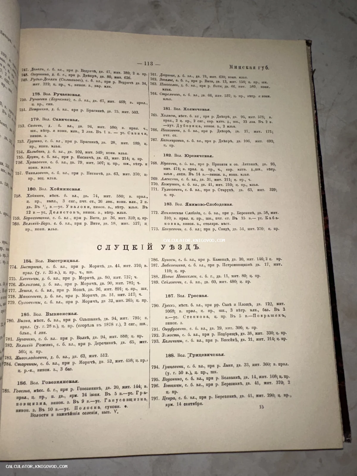 Разворот старинной книги со статистическими данными о населенных пунктах Слуцкого уезда Минской губернии, напечатанный дореволюционным шрифтом.