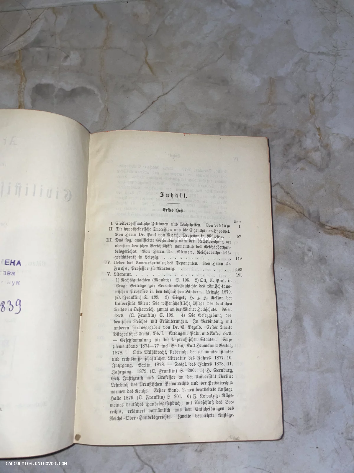 Страница старинной книги на немецком языке с заголовком Inhalt и списком разделов, напечатанных готическим шрифтом.