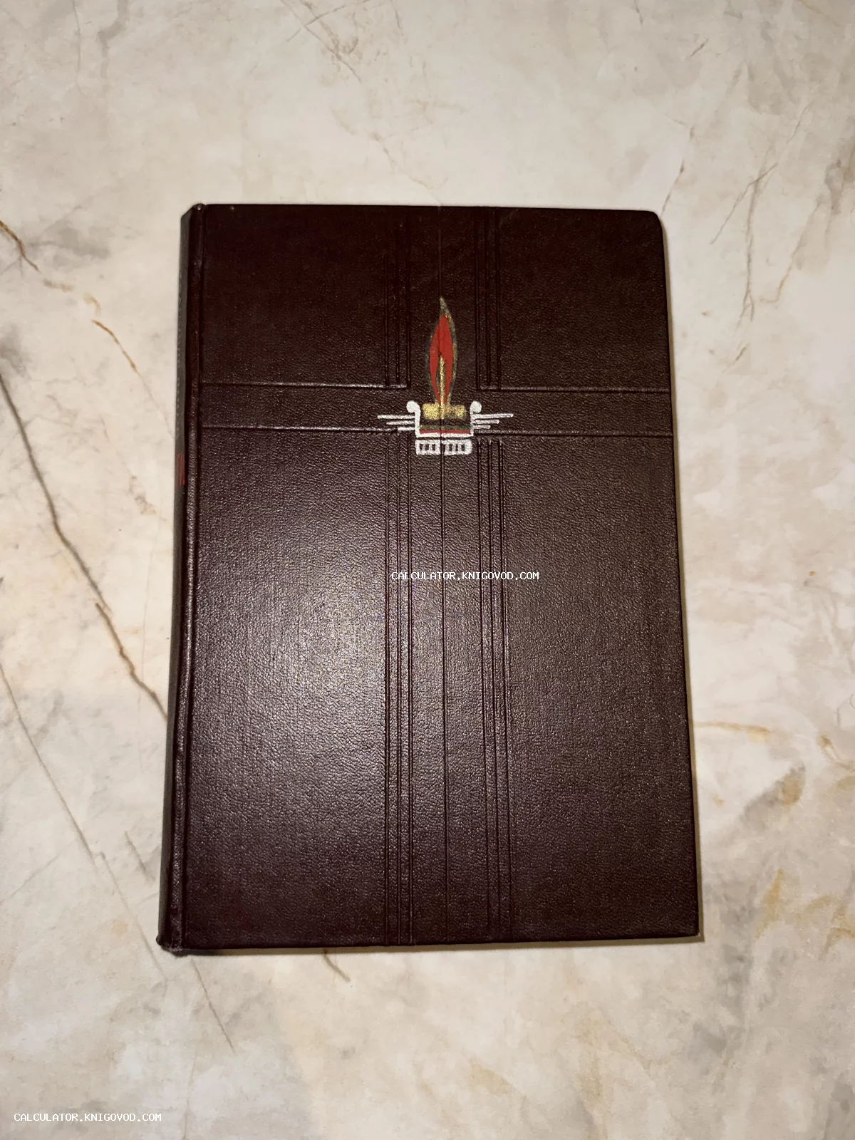 Коричневая книга в твердом переплете с геометрическим тиснением и цветным изображением горящего факела в центре.