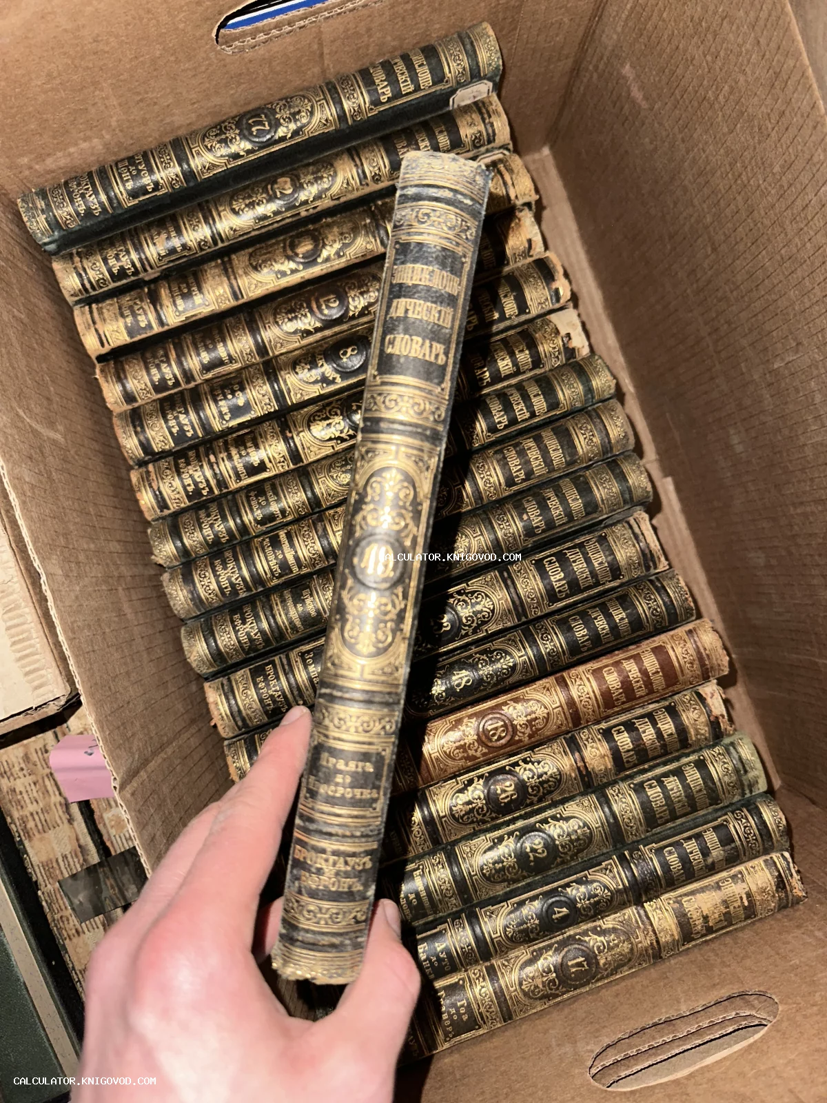 Рука держит антикварный том Энциклопедического словаря Брокгауза и Ефрона на фоне коробки с множеством книг с золотым тиснением.