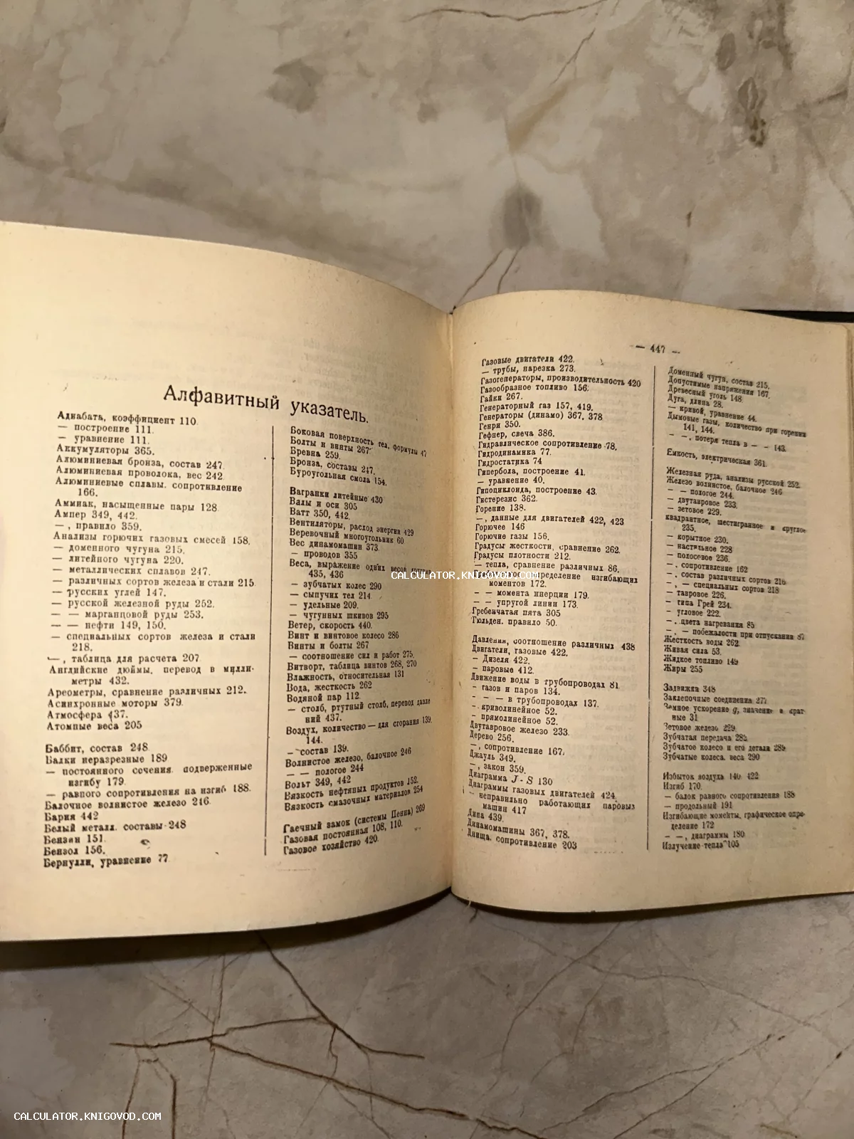 Разворот антикварной книги с алфавитным указателем терминов на русском языке. Видны пожелтевшие страницы с типографской печатью.