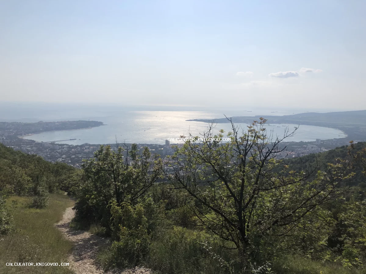 Вид сверху на морскую бухту, прибрежный город и горную тропу в солнечный день под ясным небом.