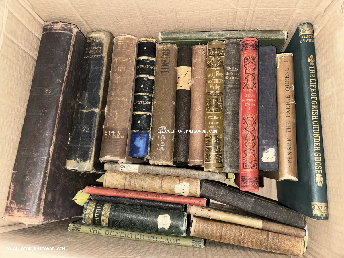 Вид сверху на старинные книги с потертыми корешками, золотым тиснением и библиотечными метками в коробке.