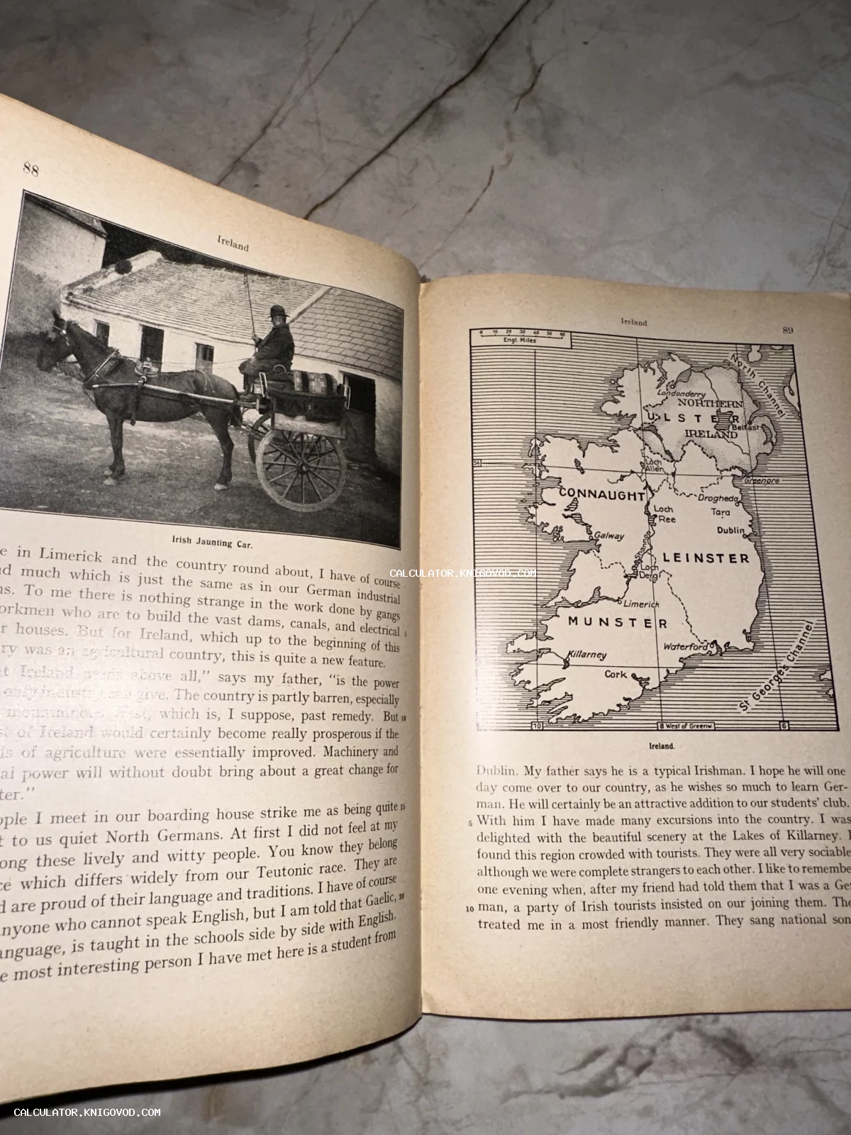 Разворот старинной книги со снимком ирландской повозки и картой Ирландии начала XX века.
