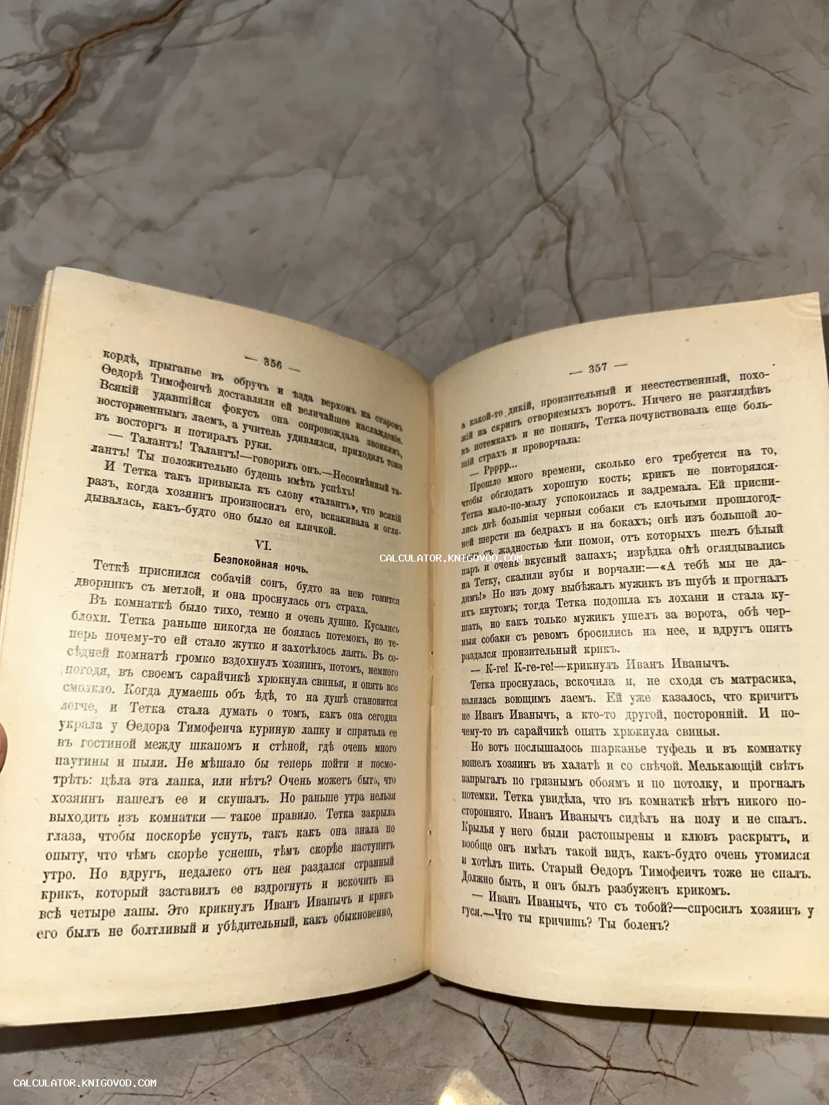 Разворот антикварной книги с текстом на дореволюционном русском языке, страницы 356-357 рассказа Чехова Каштанка.