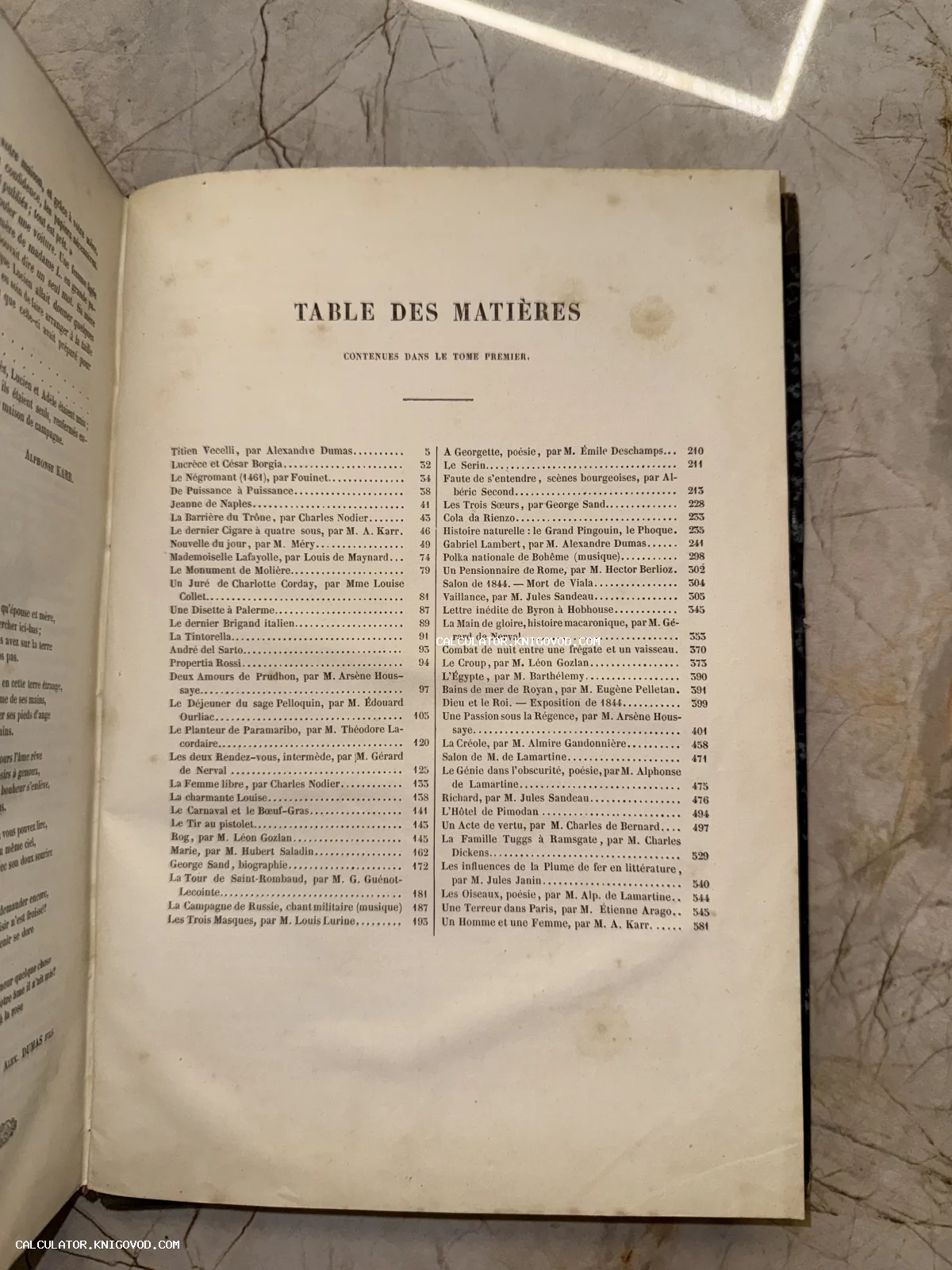 Разворот антикварной книги на французском языке с заголовком Table des Matières и списком авторов.