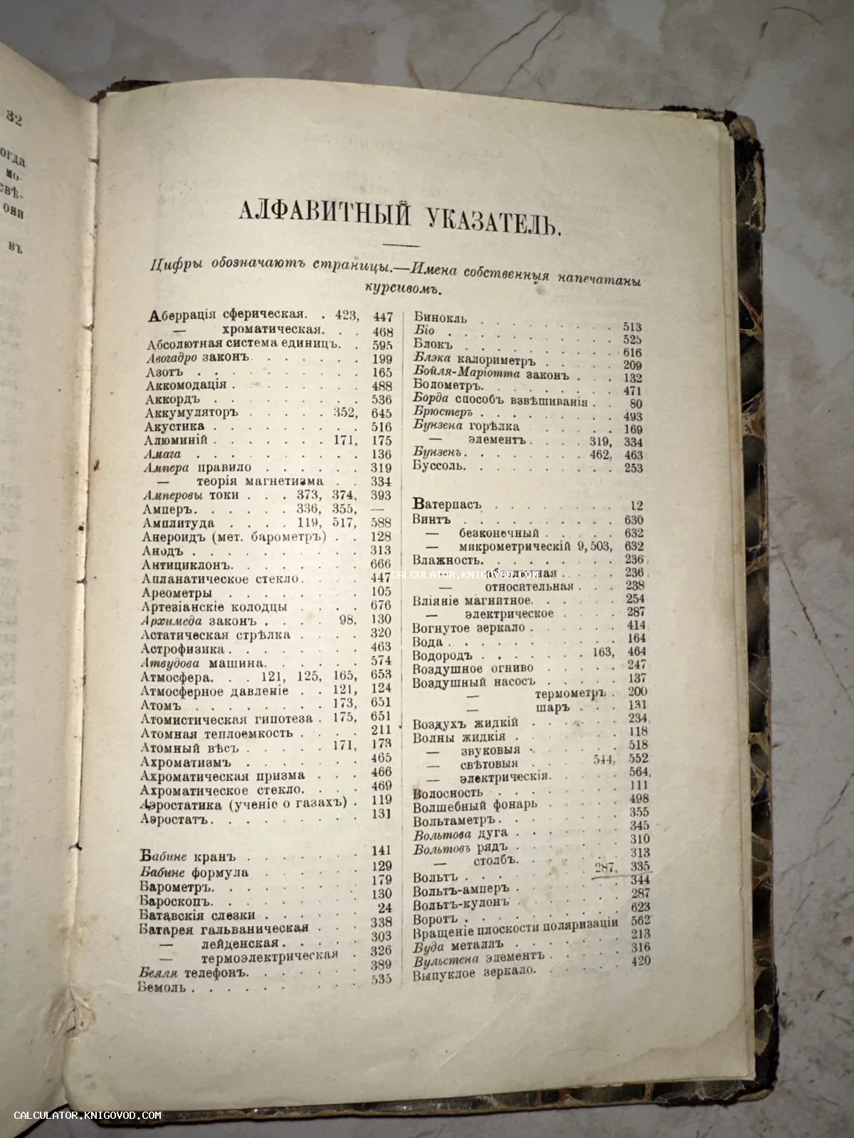 Разворот старинной книги с заголовком 'Алфавитный указатель', напечатанный дореволюционным шрифтом на пожелтевшей бумаге.
