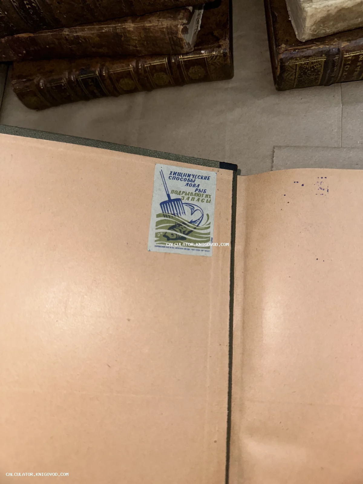 Разворот старой книги с наклеенной советской этикеткой против хищнической ловли рыбы на фоне кожаных переплетов.
