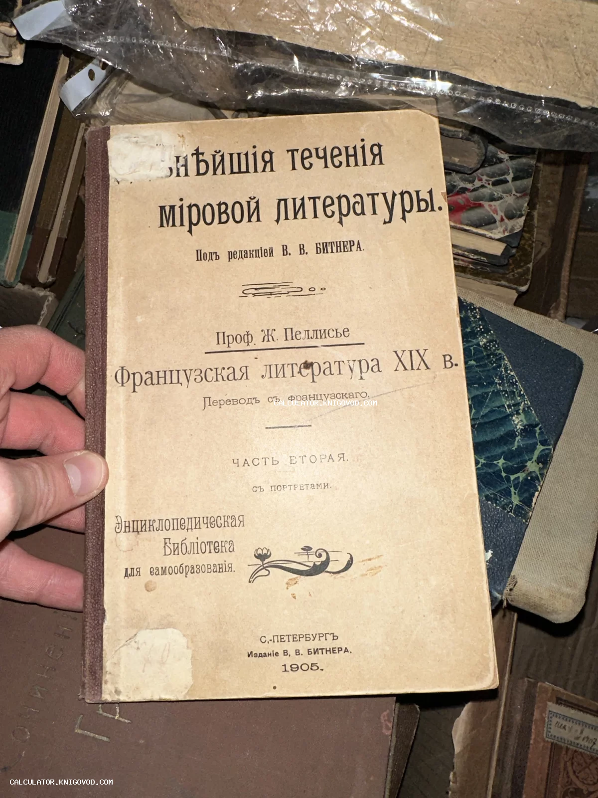 Старинная книга 1905 года издания под названием «Французская литература XIX в.» из серии Энциклопедическая библиотека для самообразования.
