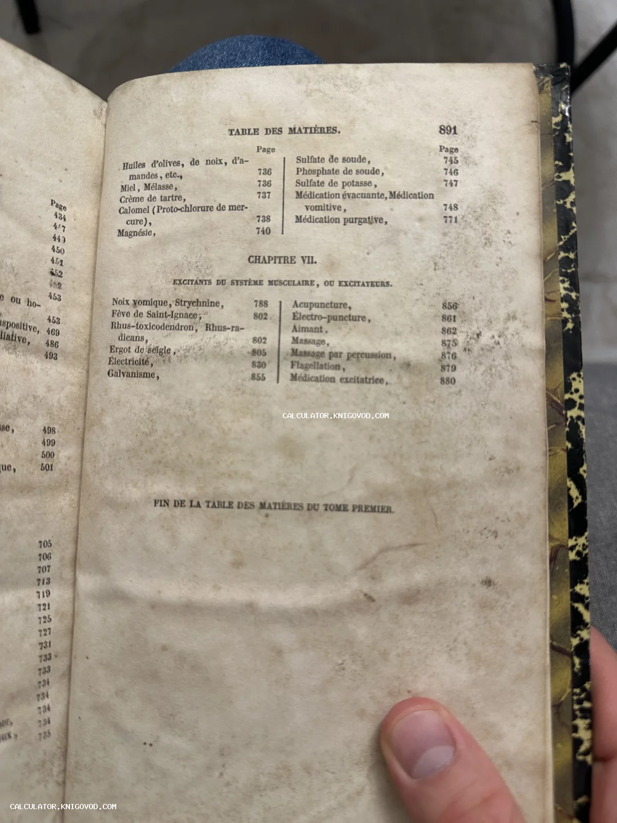 Разворот старинной книги на французском языке с оглавлением, содержащим медицинские и химические термины.