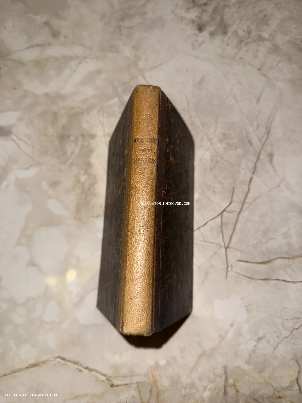 Корешок антикварной книги Mémoires d'un médecin с золотым тиснением на мраморной поверхности.