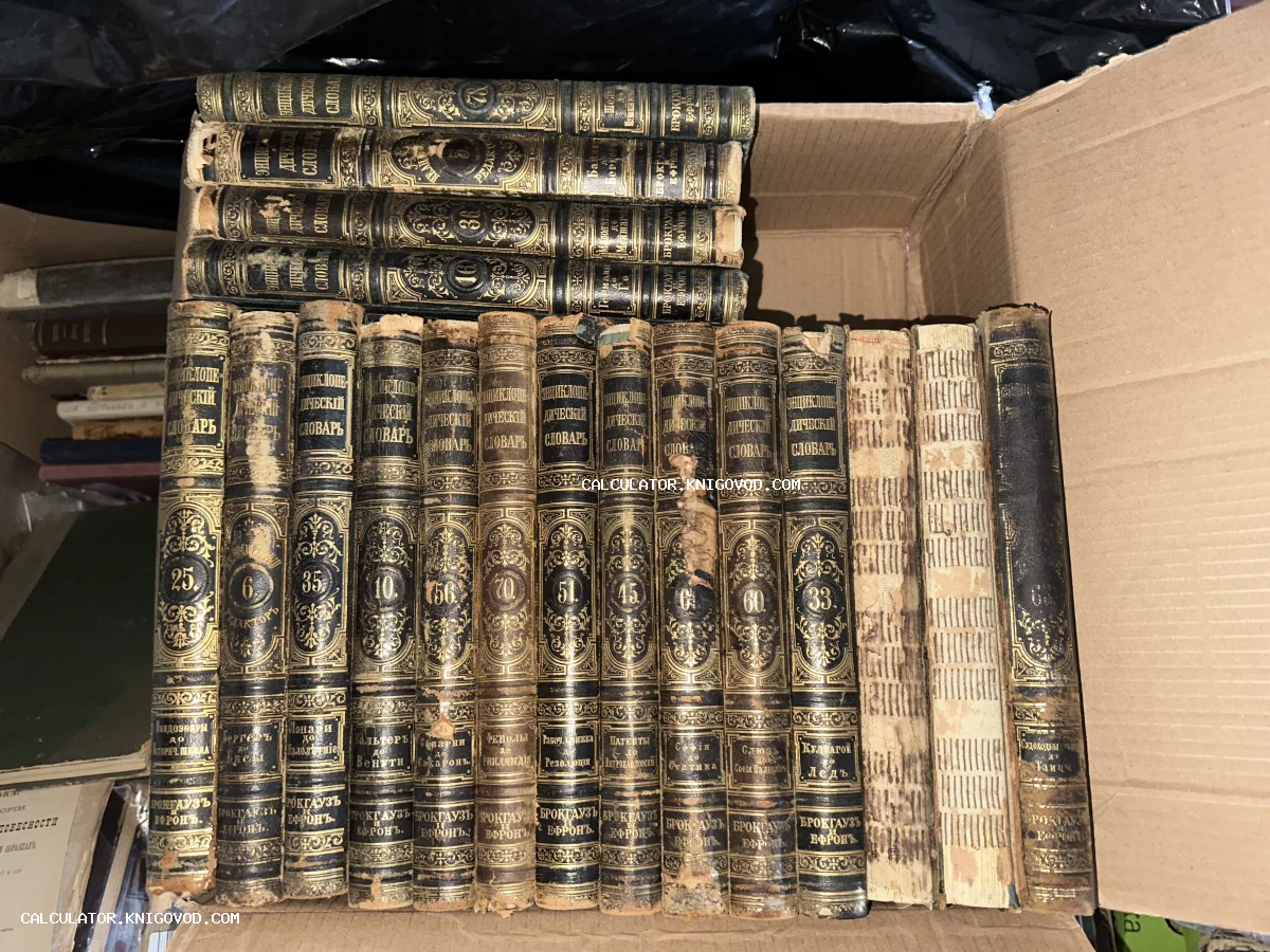 Старинные тома энциклопедии Брокгауза и Ефрона в кожаных переплетах с золотым тиснением на корешках, сложенные в коробку.